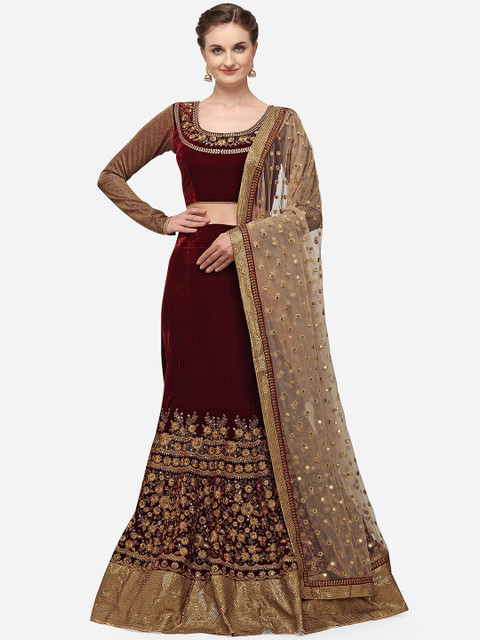 

NAKKASHI Maroon Embroidered Semi-Stitched Lehenga & Unstitched Blouse with Dupatta