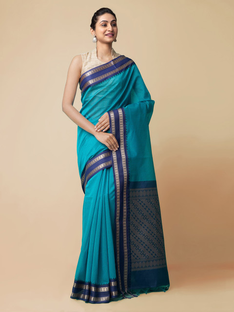 

Unnati Silks Blue Silk Cotton Checked Baluchari Saree