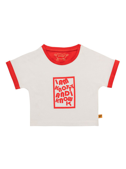 

Kid Studio Girls Off-White & Red Printed Cotton Round Neck Pure Cotton T-shirt