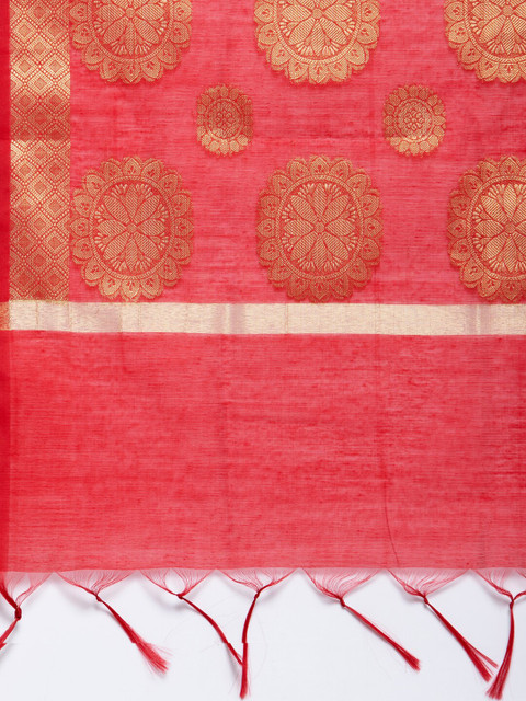 

LOOM LEGACY Red & Gold-Toned Banarsi Cotton Silk Jacquard Dupatta