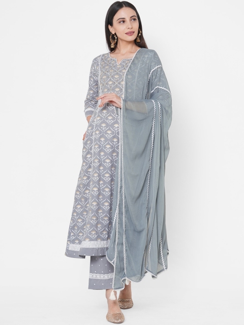 

FASHOR Women Grey & White Printed Kurta with Trousers & Dupatta