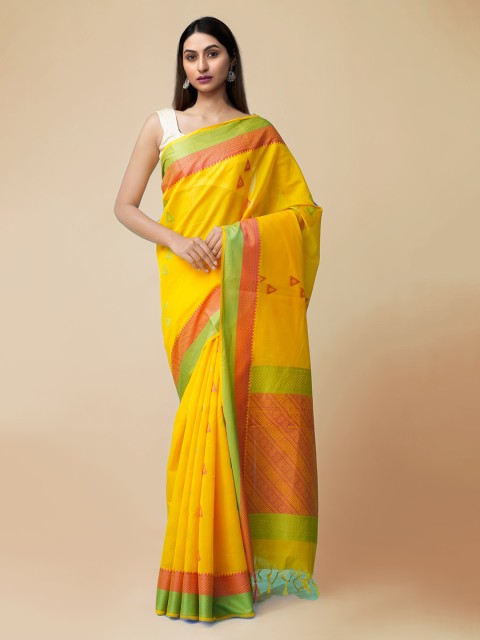 

Unnati Silks Yellow Silk Cotton Woven Design Baluchari Saree