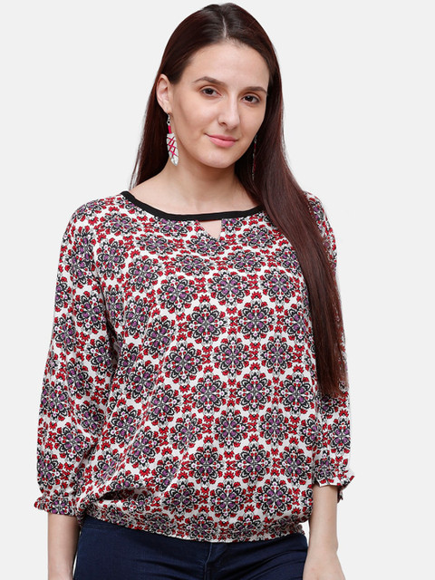 

Rasada Red Printed Bishop Sleeves Pure Cotton Blouson Top