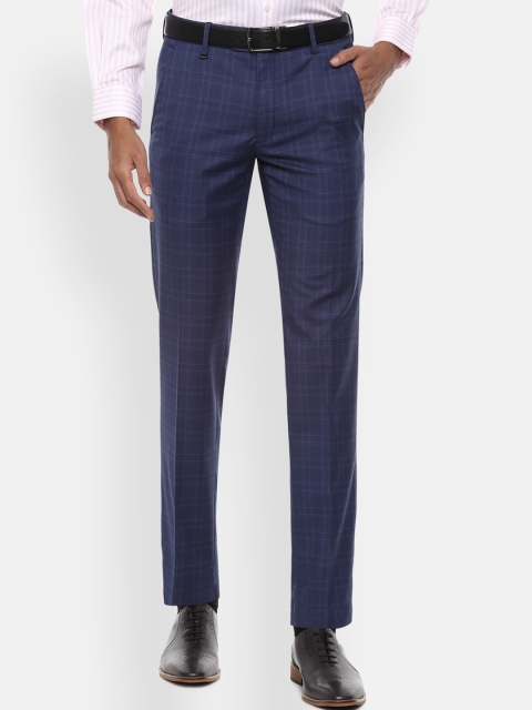 

Van Heusen Men Navy Blue Slim Fit Checked Formal Trousers