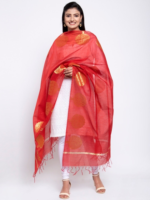 

LOOM LEGACY Red & Gold-Toned Banarsi Cotton Silk Jacquard Dupatta