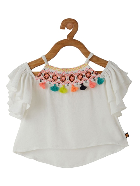 

VITAMINS Off White Geometric Embroidered Cold-Shoulder Sleeves Top