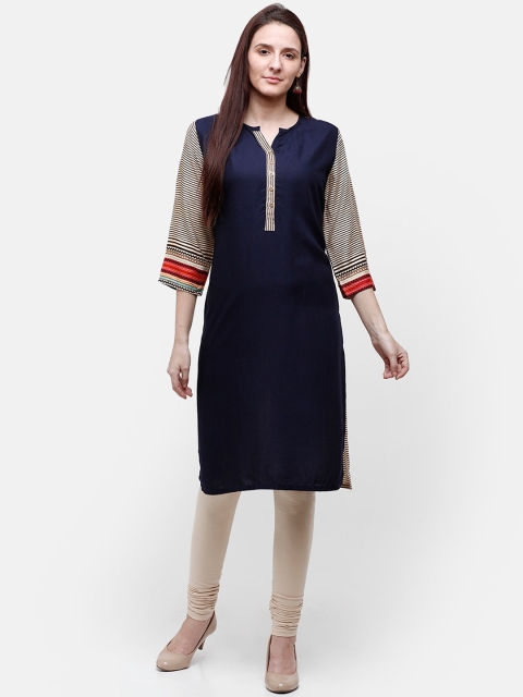 

Rasada Women Navy Blue & Beige Colourblocked Straight Kurta