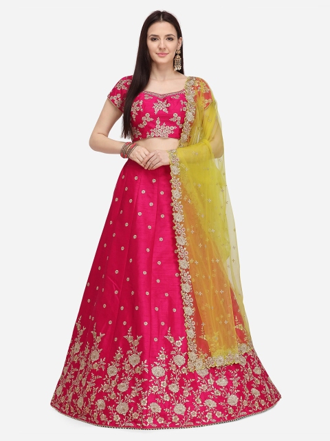 

NAKKASHI Pink & Yellow Embroidered Semi-Stitched Lehenga & Unstitched Blouse with Dupatta