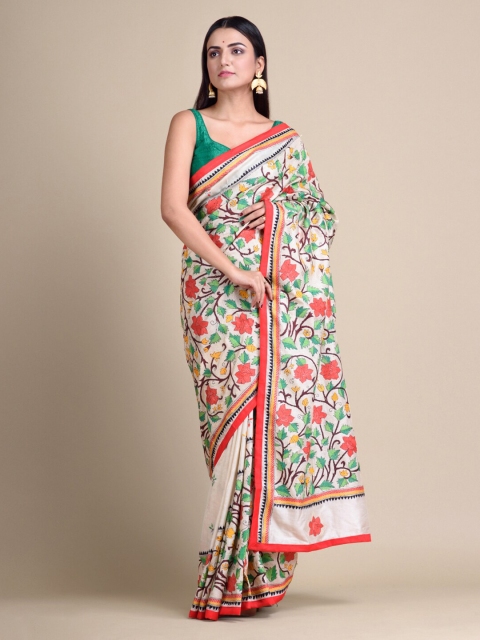 

Mitera White & Coral Pure Silk Woven Design Saree