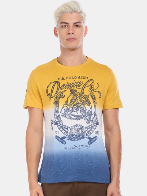 

U.S. Polo Assn. Men Yellow & White Printed Round Neck Cotton T-shirt