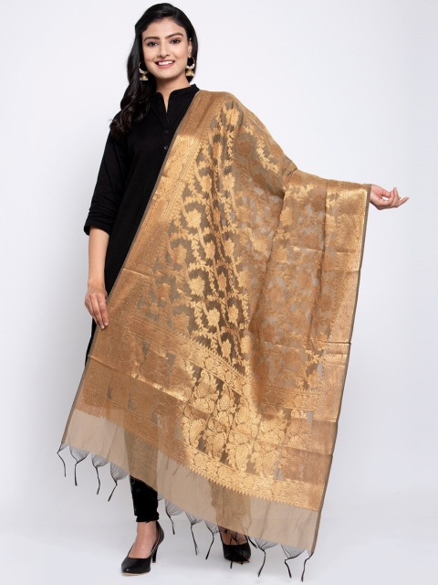 

LOOM LEGACY Gold-Toned & Beige Banarsi Cotton Silk Jacquard Dupatta