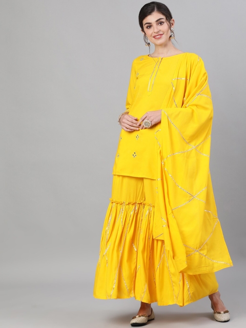 

Ishin Women Yellow Embroidered Kurta with Sharara & Dupatta