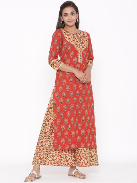 

Silai Bunai Women Red & Beige Printed Kurta with Palazzos