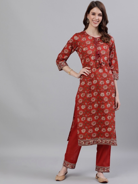 

Ishin Women Red & Beige Printed Kurta with Trousers