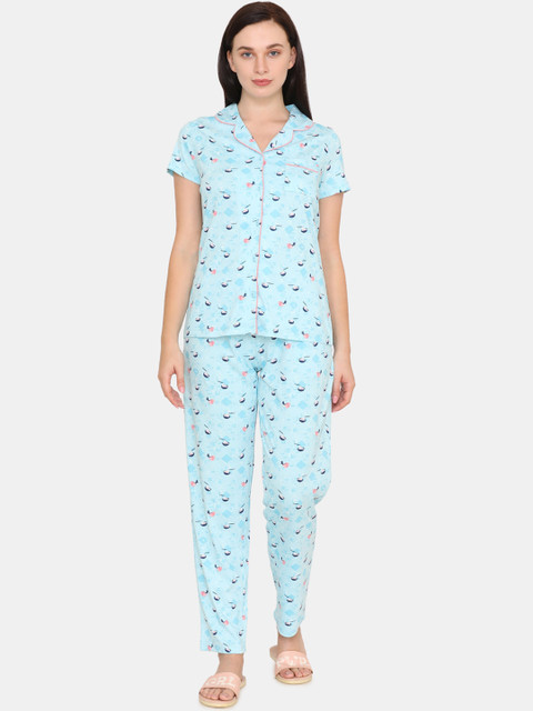 

Zivame Women Blue & Pink Printed Night Suit
