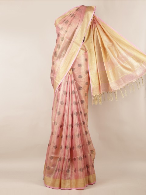 

Pothys Pink & Gold-Toned Linen Blend Woven Design Saree With Zari Border