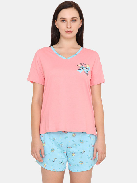 

Zivame Women Peach-Coloured & Blue Printed Night Suit