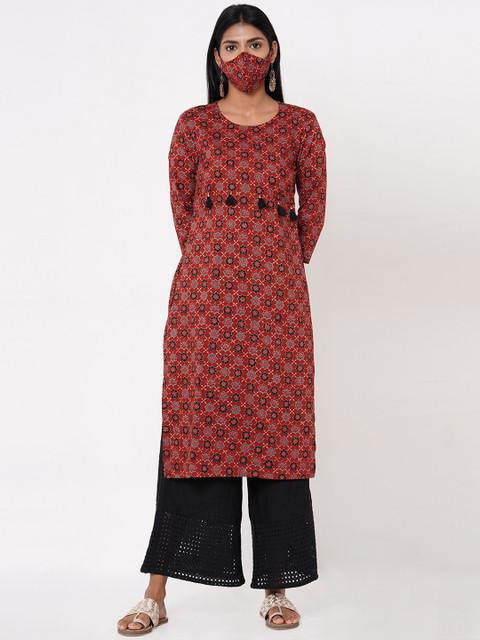 

FASHOR Maroon Floral Printed Round Neck Regular Sleeves Kurta