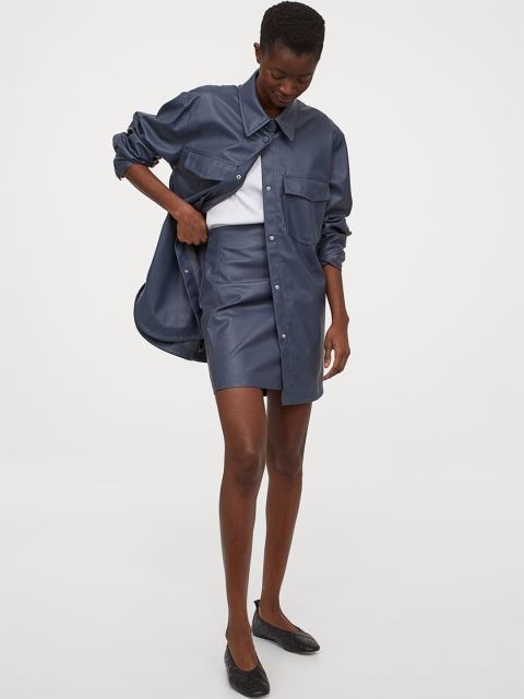 

H&M Women Navy Blue Imitation Leather Shirt Jacket