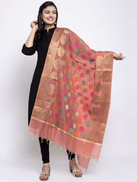 

LOOM LEGACY Peach-Coloured & Gold-Toned Banarsi Cotton Silk Jacquard Dupatta