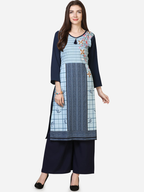 

Silk Bazar Blue Floral Printed Crepe V Neck Regular Sleeves Kurta