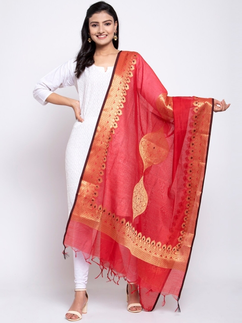 

LOOM LEGACY Red & Gold-Toned Banarsi Cotton Silk Jacquard Dupatta