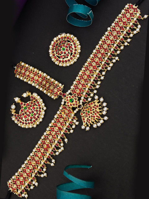 

Alankruthi Gold-Plated Red & White Stone Studded Handcrafted Head Jewellery Set