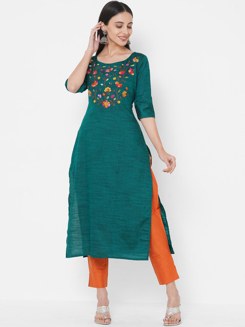 

FASHOR Green Floral Embroidered Thread Work Kurta