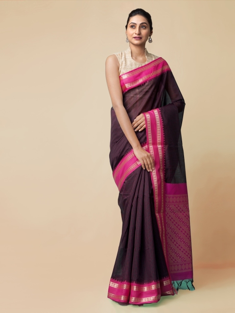 

Unnati Silks Black & Pink Silk Cotton Checked Baluchari Saree