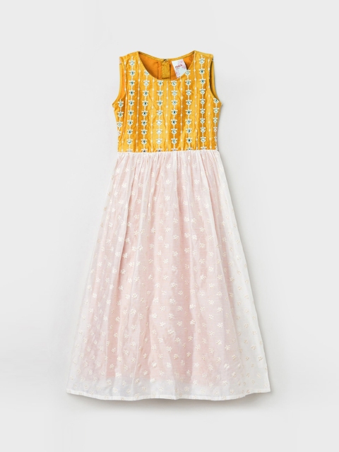 max Girls Yellow & Off-White Embroidered Dress