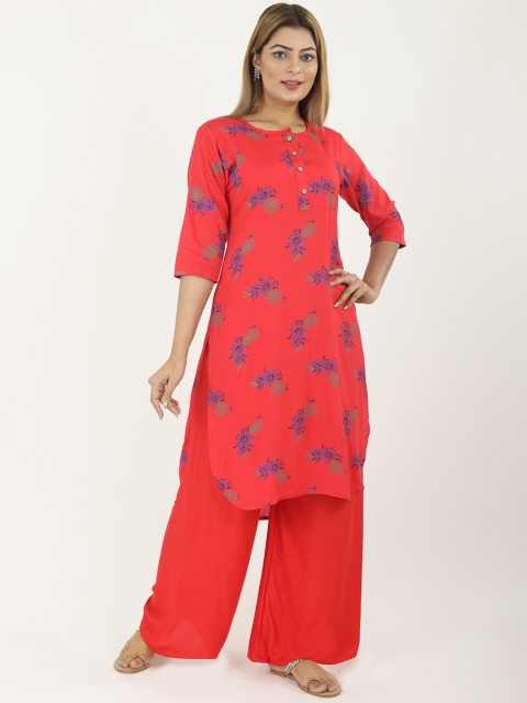 

NEUDIS Women Coral Red & Blue Printed Kurta with Palazzos