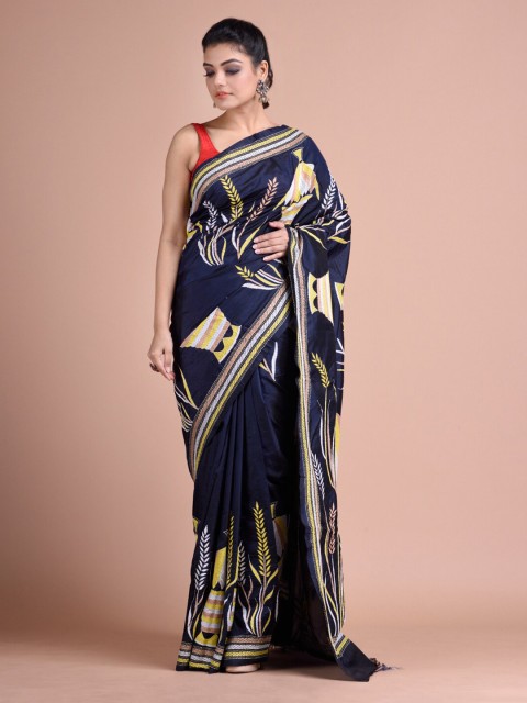 

Mitera Blue Kantha Stitch Pure Silk Handloom Saree