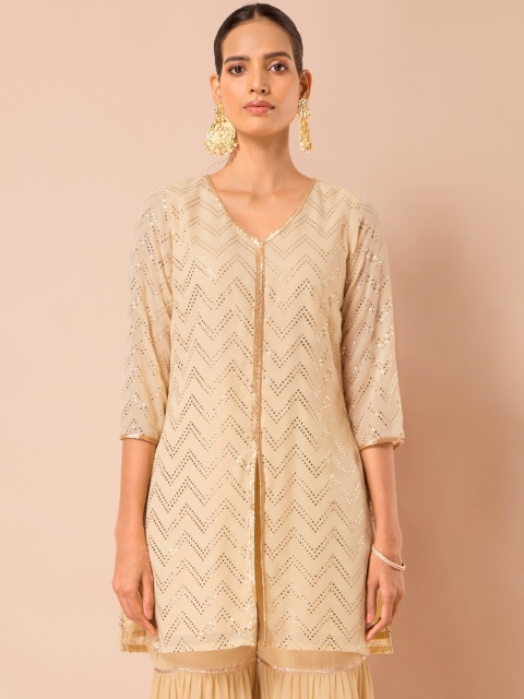 

INDYA Beige Foil Front Slit Short Kurti