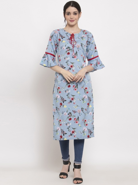 

ALC Creations Blue Floral Printed Flared Sleeves Crepe Kurta