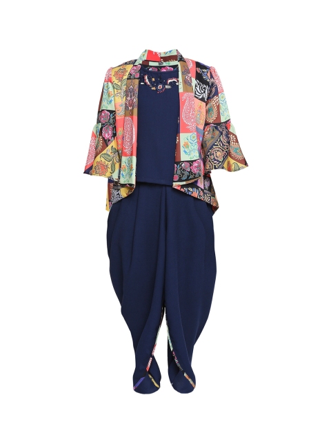 

Tiny Baby Girls Navy Blue Self Design Top with Dhoti Pants With Jacket