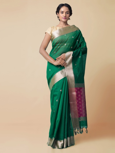 

Unnati Silks Green Silk Cotton Woven Design Baluchari Saree