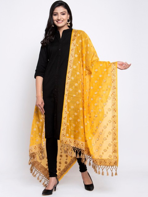 

LOOM LEGACY Yellow & Gold-Toned Banarsi Cotton Silk Jacquard Dupatta