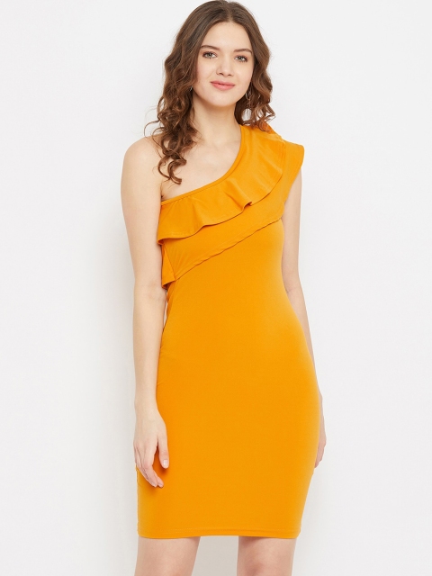 U&F Women Mustard Yellow Solid One Shoulder Bodycon Dress