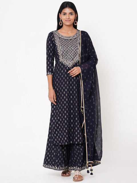 

FASHOR Women Navy Blue & Gold-Toned Printed Kurta with Palazzos & Dupatta