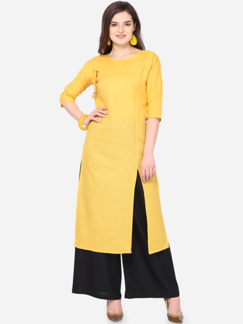 

Silk Bazar Yellow Solid Boat Neck Regular Sleeves Kurta