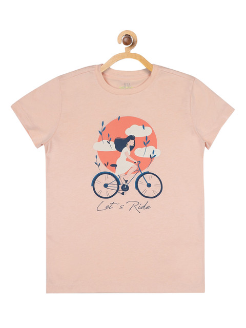 

Mode by Red Tape Girls Peach-Coloured Printed Round Neck T-shirt