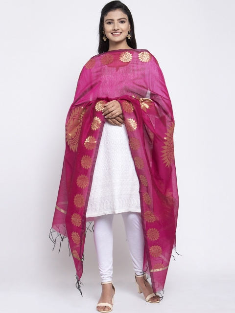 

LOOM LEGACY Magenta & Gold-Toned Banarsi Cotton Silk Jacquard Dupatta