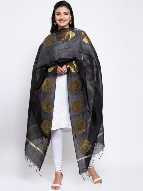 

LOOM LEGACY Black & Gold-Toned Banarsi Cotton Silk Jacquard Dupatta