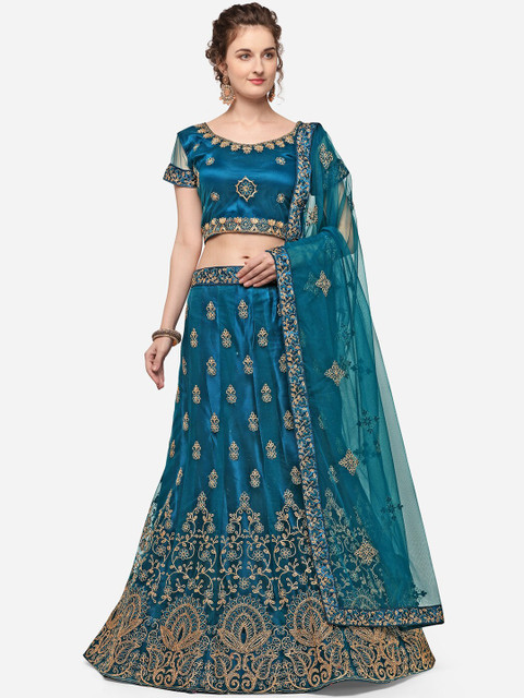 

V SALES Teal & Gold-Toned Embroidered Semi-Stitched Lehenga & Unstitched Blouse with Dupatta