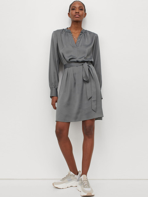 

H&M Women Grey Tie-Belt Dress