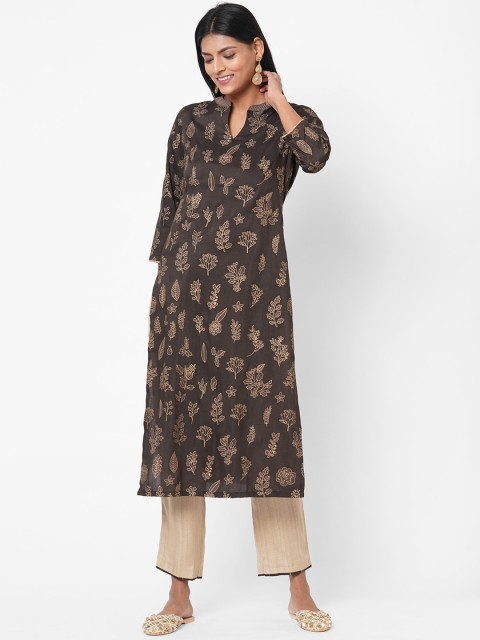 

Os Brown Floral Printed Mandarin Collar Regular Sleeves Kurta