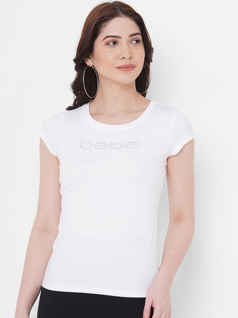 

bebe Women White Embellished Rhinestone Logo Round Neck T-shirt