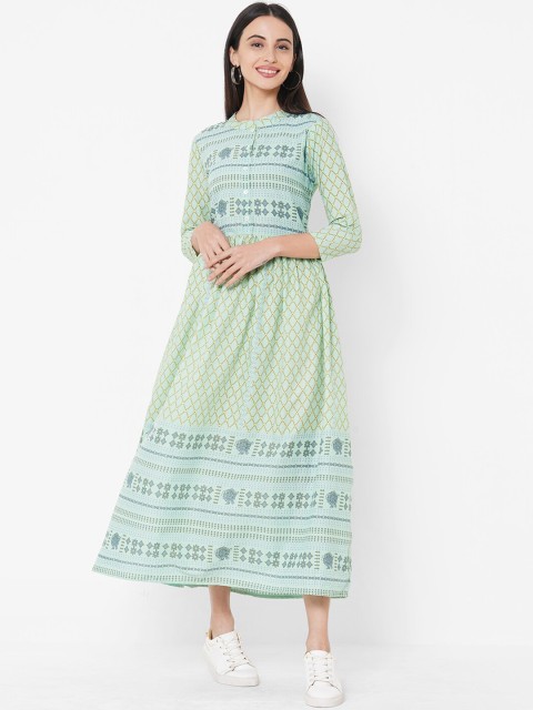 

FASHOR Women Green Printed Fit and Flare Dress