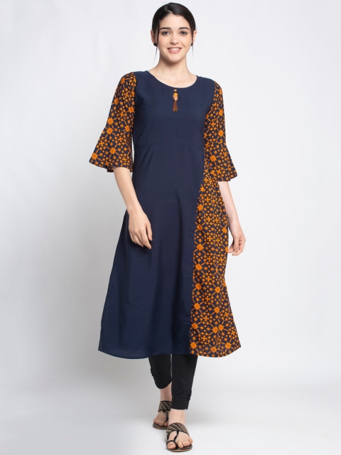 

ALC Creations Brown & Blue Geometric Printed Bell Sleeves Floral Crepe Kurta