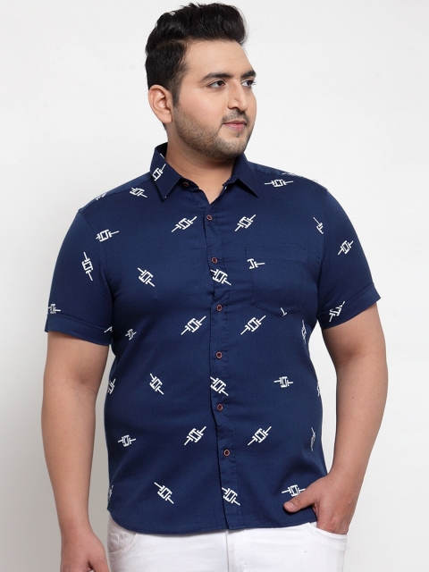 

plusS Men Navy Blue Regular Fit Printed Casual Cotton Shirt